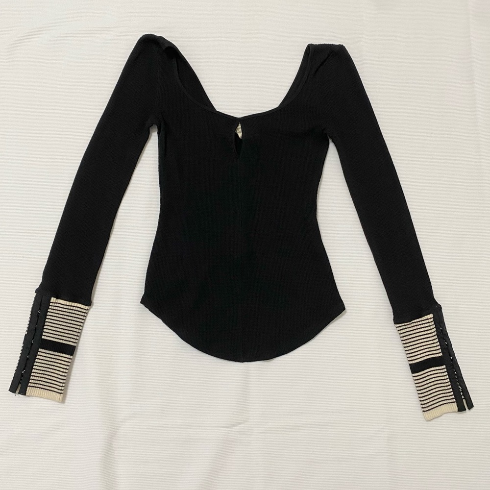 Free People Black Long Sleeve Top with Striped Wrist Details - Picture 2 of 10